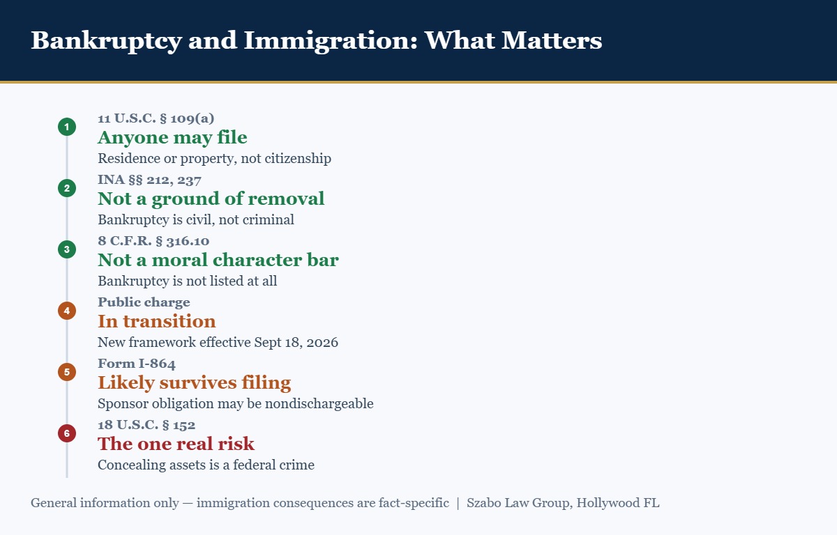 Bankruptcy and immigration chart showing what does and does not affect status, naturalization and public charge